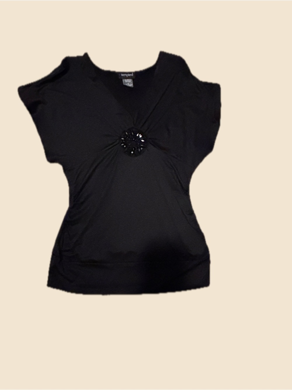 Tempted Black Short Sleeve V-Neck Top with Center Jewel Detail
